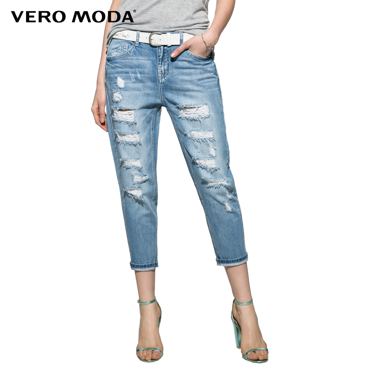 Vero Moda破洞直筒中腰牛仔七分裤|31626I013