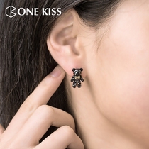 onekiss full diamond black bear teddy earrings female cute Korean style wild personality cold wind