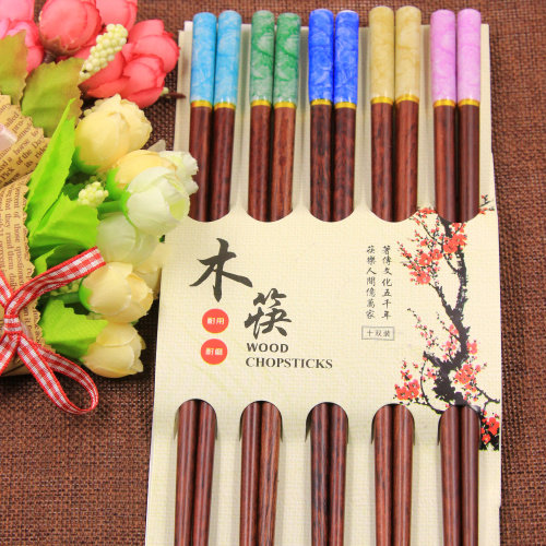 Art products Jiaju imitation blue and white porcelain head home with natural Japanese chopsticks High-grade family mahogany chopsticks 5 pairs of sets