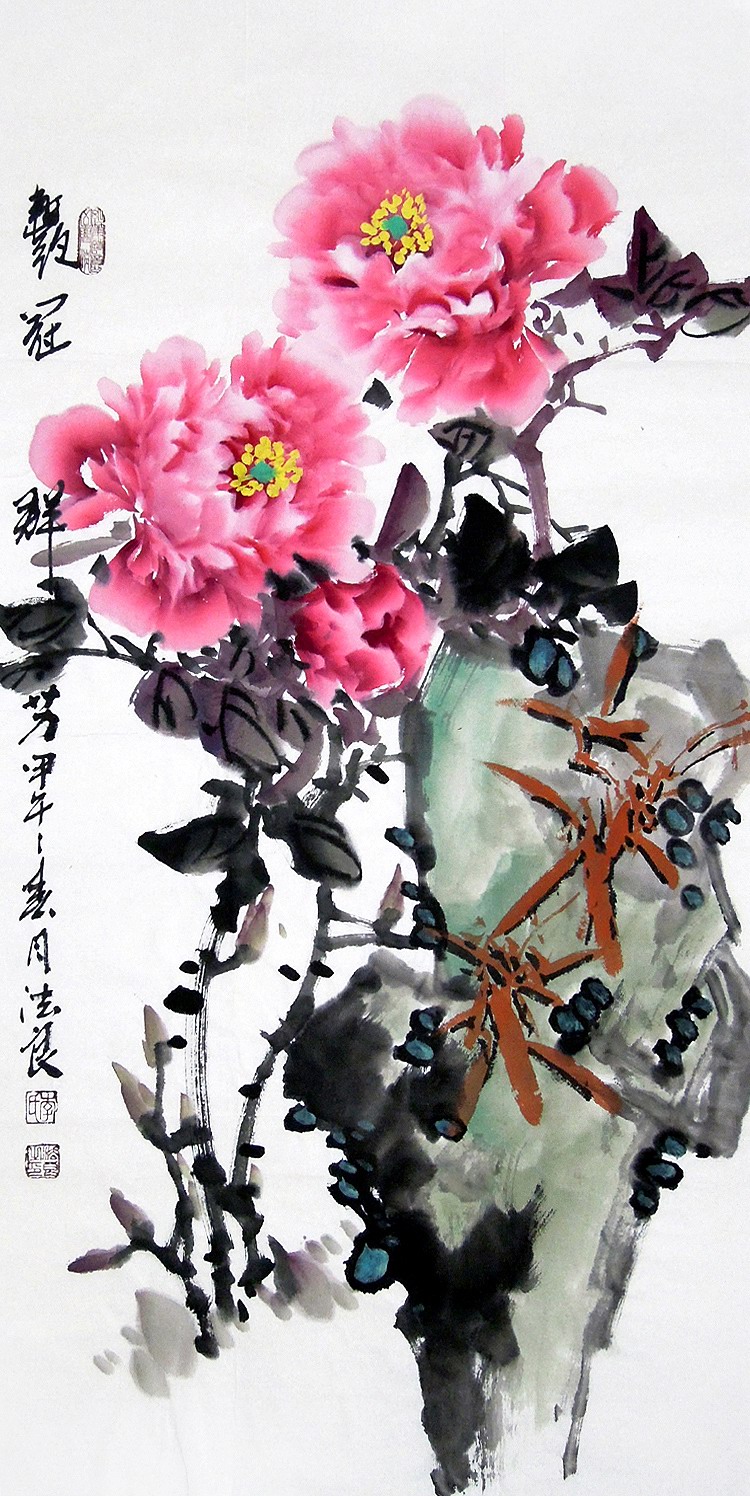 (pictorial art and calligraphy painting) C24524 Real power painters write about flowers and birds country painting rich and expensive peony (three feet)