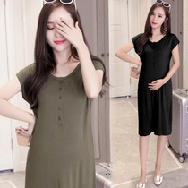 Modal pregnant woman dress postpartum lactation coat feeding long skirt breast milk shirt slim stretch maternity dress summer thin