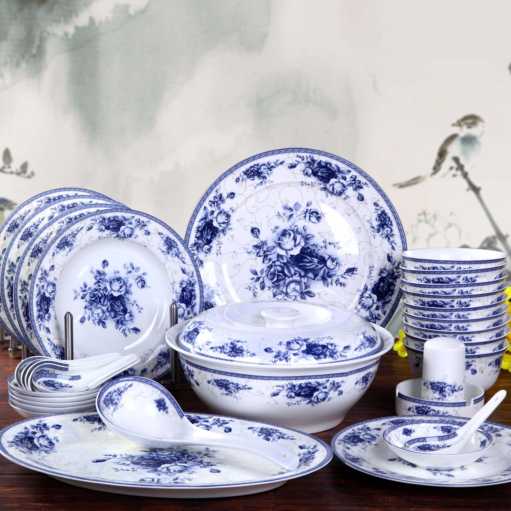 JingDe 28 head glaze ceramic tableware blue and white porcelain bowls sets ipads China wedding housewarming gift package in the mail