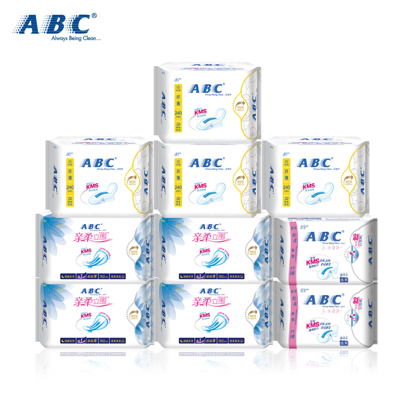 ABC卫生巾纤薄亲肤棉柔防侧漏日用超长夜用组合套装60片