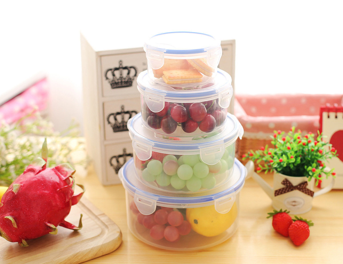Limelight refreshing box 4 pieces of suit round lunch box with lunch box lunch box New pie plastic microwave oven kit