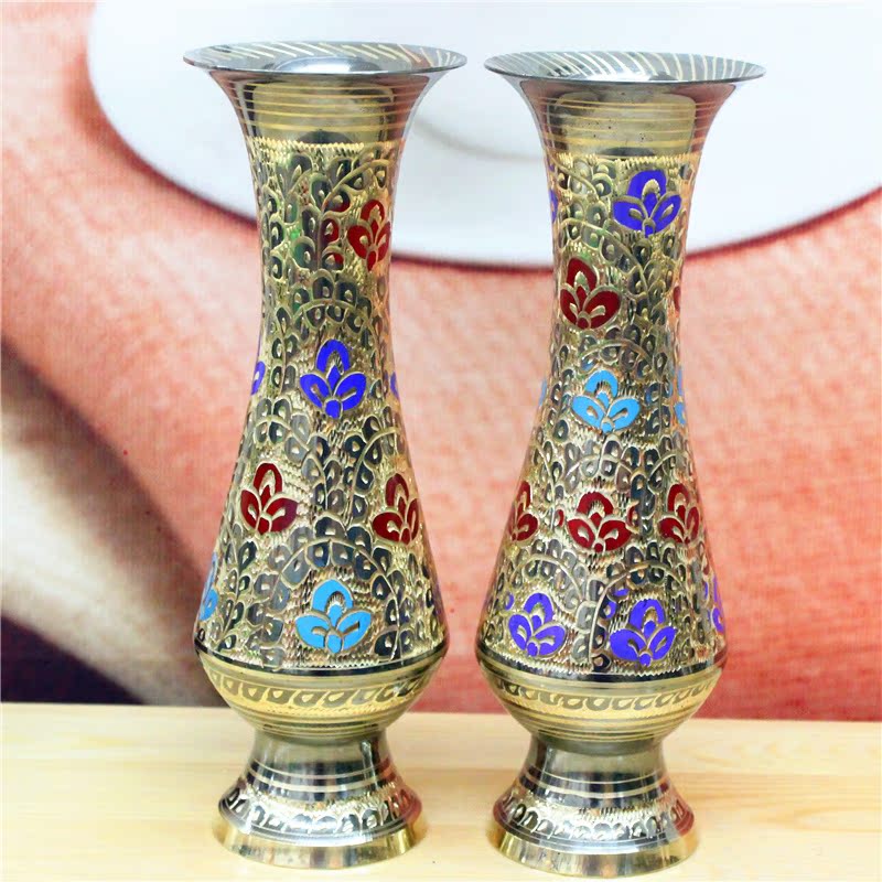 Pakistan Handicraft Imported Bronze Carved 12-inch Couple Japanese Vase Home Decoration BT487