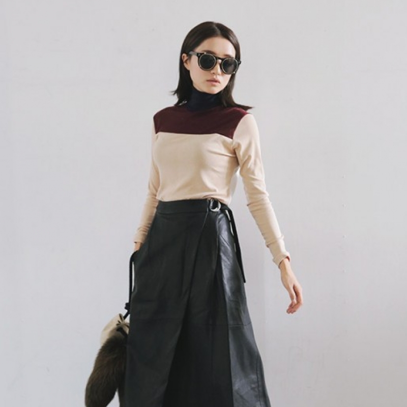 韩国stylenanda官方正品 时尚配色拼接高领T恤-米色