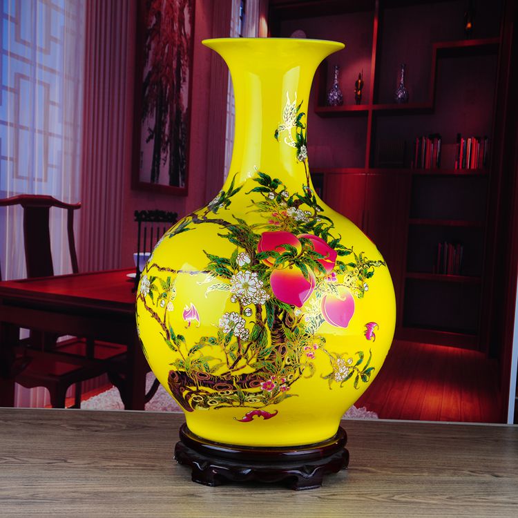 Jingdezhen Ceramic Yellow Shou Peach Fu Shou picture landing large vase living room home decorations countertop ornaments