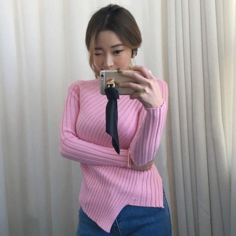 韩国stylenanda官方正品 不规则摆肌理感罗纹针织衫-粉色