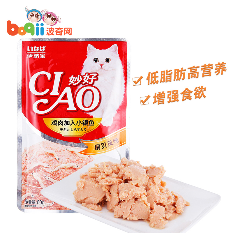 波奇网 宠物猫咪零食妙鲜包猫湿粮伊纳宝妙好鸡肉加小银鱼60g