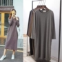 Hàn Quốc Dongdaemun đơn giản Han Fan lỏng cổ tròn tay dài chà nhám mùa xuân và mùa thu đầm màu rắn đầm maxi đi biển cho người thấp