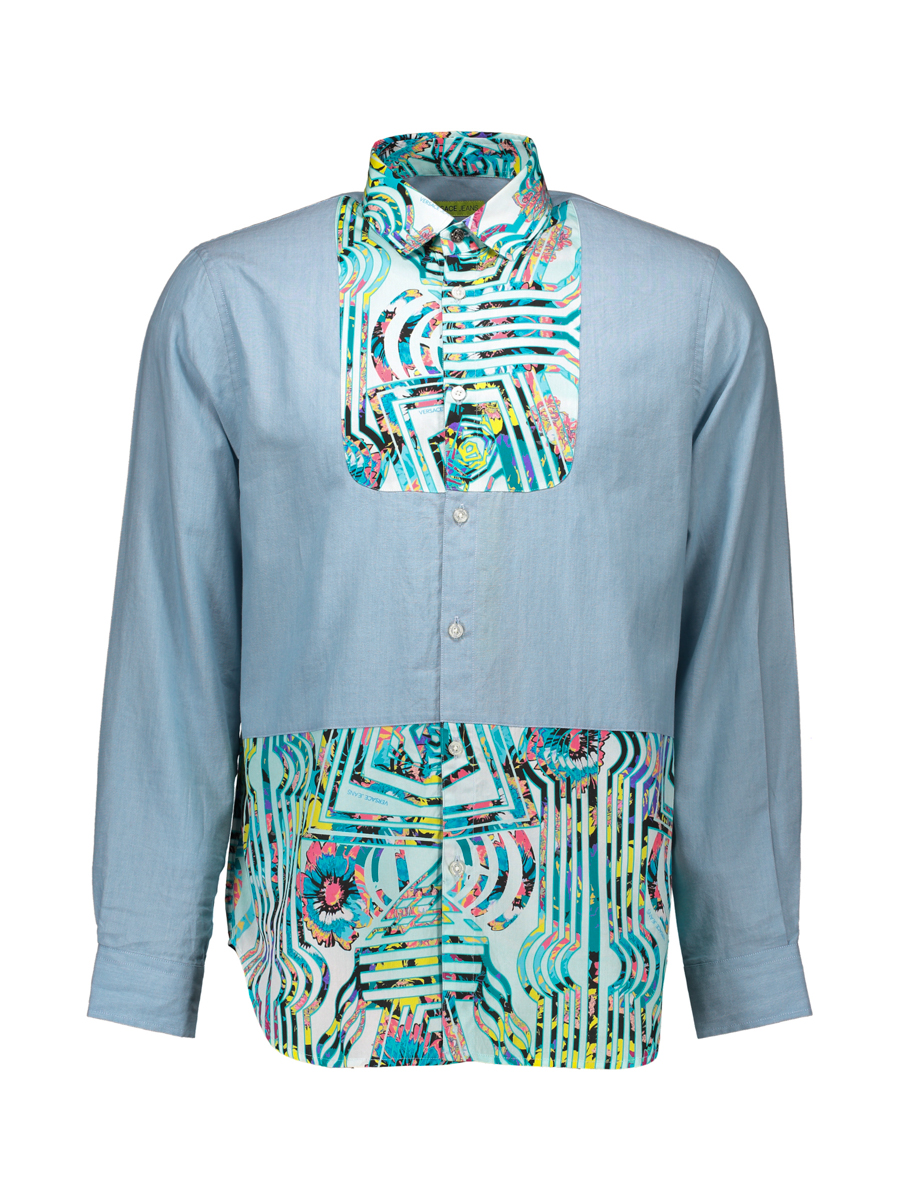 versace jeans 浅蓝色拼接印花式牛仔衬衫