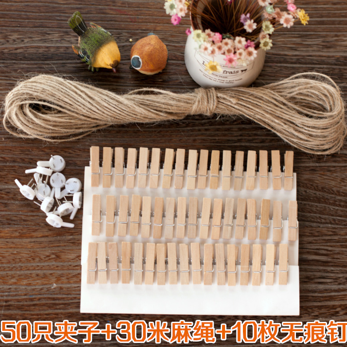  Hemp Rope Photo Wall Clips, Natural Wood Clips, Creative Wooden Photo Clips with Decorative Rope