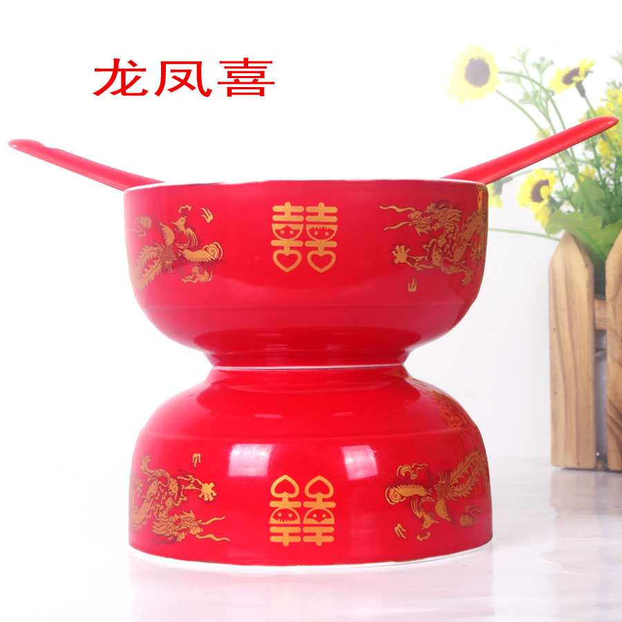 Wedding Ceramic Red Bowl Happy Bowl Red Glazed Bowl Chinese Table Cutlery Dragon Phoenix Presents Auspicious Celebration Bowl Wedding Celebration