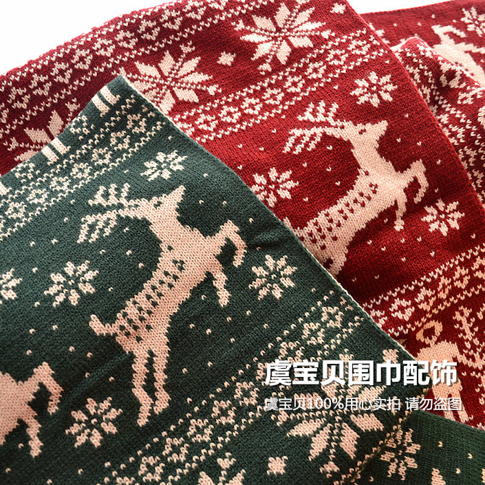 Christmas Little Deer Scarves Scarves for men and women Winter warm ink Green wine Red blue wool Snowflake lovers scarf New Year's gifts