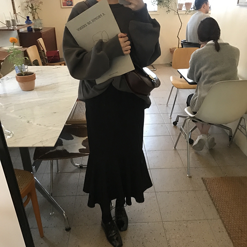 [ELINASEA]小海自制 秋季气质纯色高腰荷叶边包臀鱼尾半身裙女
