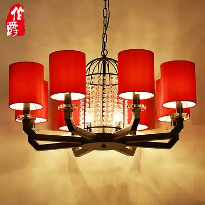 New Chinese dining room room chandelier big red fabric crystal lamp hotel box chandelier hotel engineering lamps