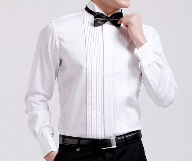 2019 Spring Men's Swallow Collar Long Sleeve French Button Bow Tie White Shirt Customized Wedding Groom Dress Shirt