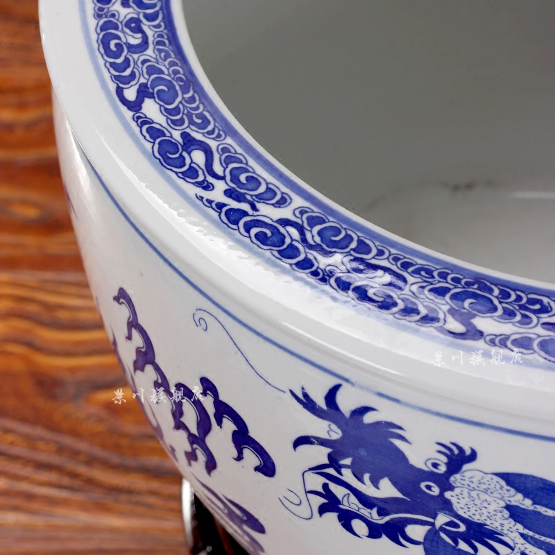 Jingdezhen ceramics brocade carp goldfish bowl water lily blue and white porcelain dragon lotus tortoise cylinder household adornment furnishing articles