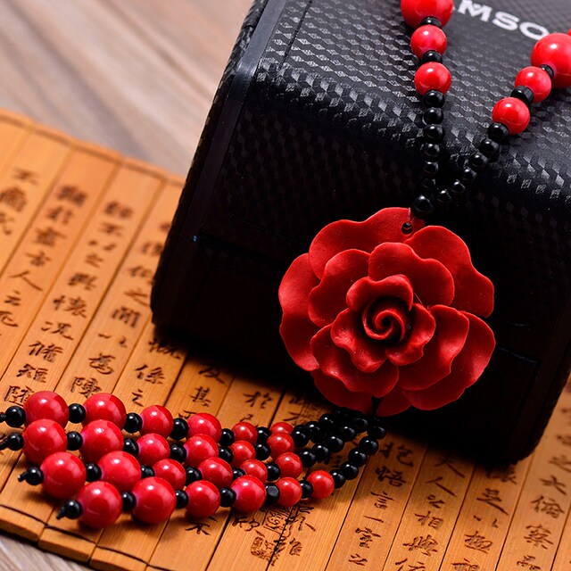 Cinnabar sweater chain long female red rose flower retro wild clothes accessories necklace pendant autumn ethnic style jewelry