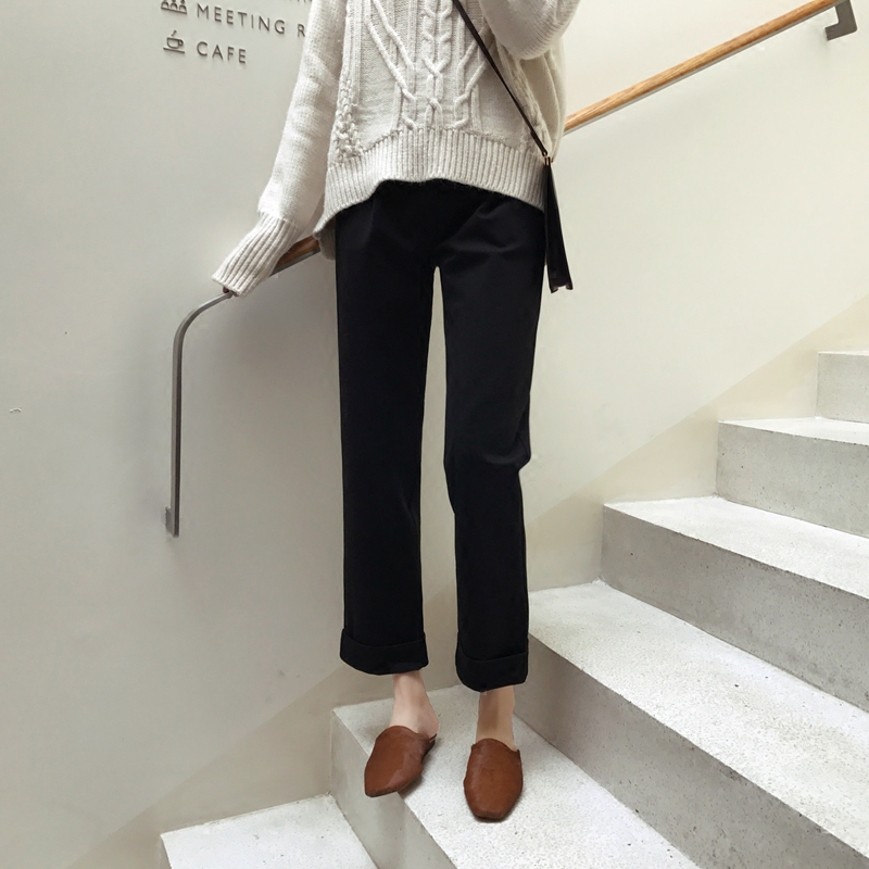 Black non-stick fur hands One trouser leg Flap Edge Loose Lean Comfort elastic straight cylinder 90% Western Pants Woman-Taobao