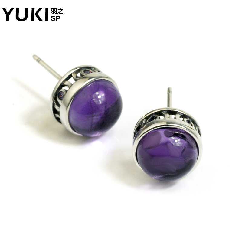 YUKI女士唯美泰银耳钉 天然紫水晶葡萄石耳丁 个性韩版925银饰品
