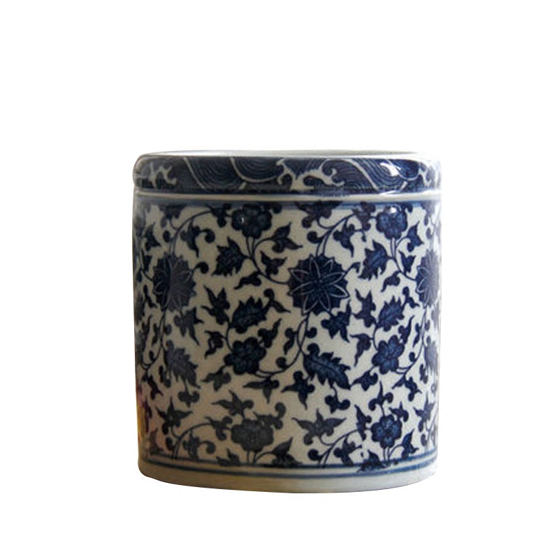 Jingdezhen ceramic furnishing articles brush pot study four treasures blue and white lotus flower hair brush pot home office decoration