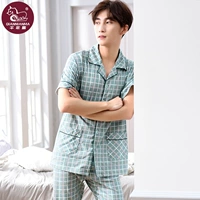 Bộ đồ ngủ nam Cotton mùa hè ngắn tay Quần nhà Dịch vụ nam Cotton mùa hè Áo len Nhật Bản XL Set - Cha mẹ và con đồ bộ thu đông cho cả gia đình