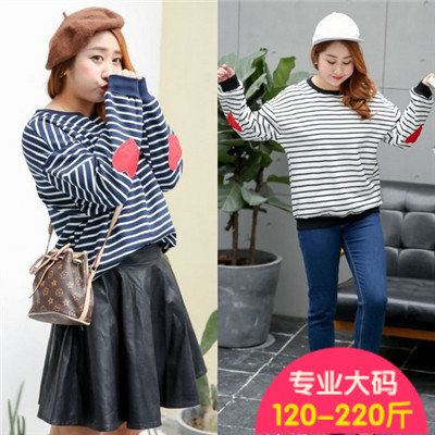 2016冬新款加大码女装胖mm红色爱心拼接条纹加绒T恤保暖卫衣潮