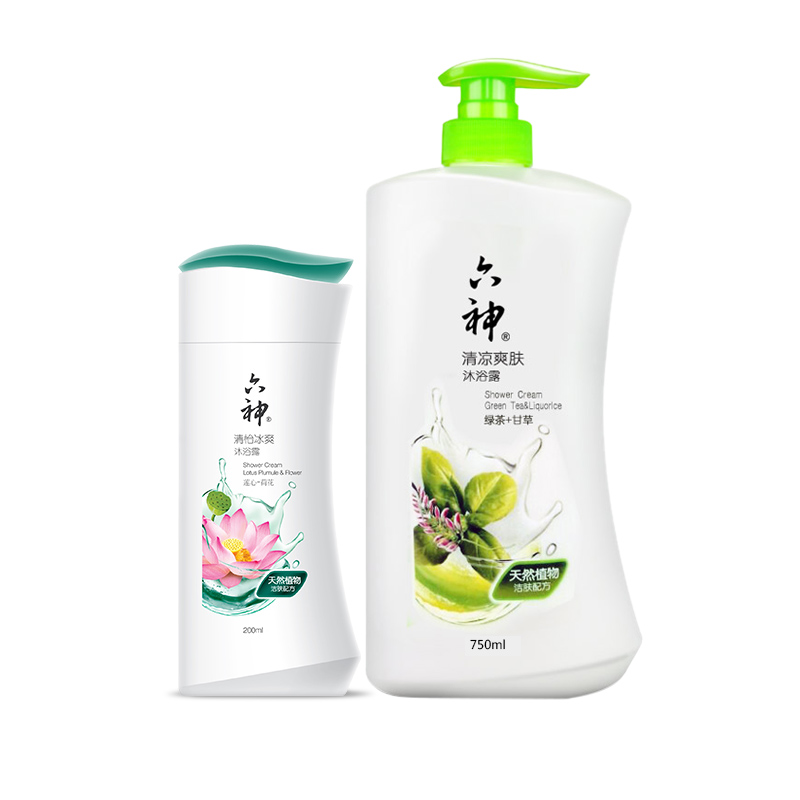 六神清凉爽肤绿茶+甘草沐浴露750ml赠送200ml清怡冰爽沐浴露
