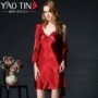 Mùa hè nightdress nữ quay lụa đồ ngủ áo choàng phù hợp với mỏng mùa hè băng lụa cưới màu đỏ cô dâu đám cưới mặc quần áo áo choàng áo choàng ngủ