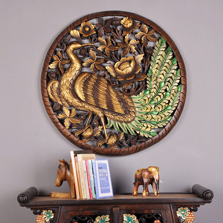 Thai Carved Flower Board Southeast Asia Wood Carving Peacock Den Branches Hollowed-out Wood Carvings Painted Wall Decoration TV Background Wall Wall Decoration