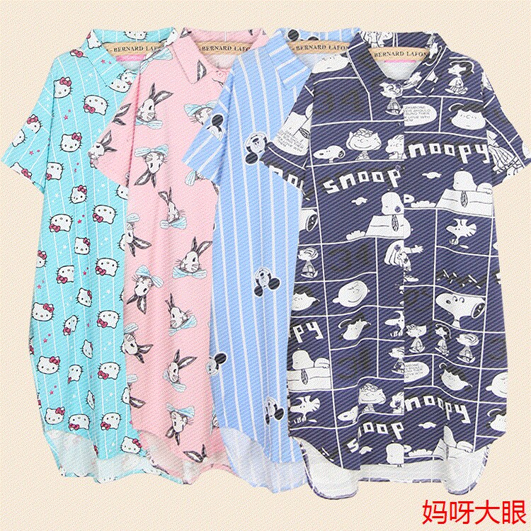 睡裙女夏纯棉韩版卡通加大码开衫睡裙短袖孕妇哺乳宽松睡衣中长裙