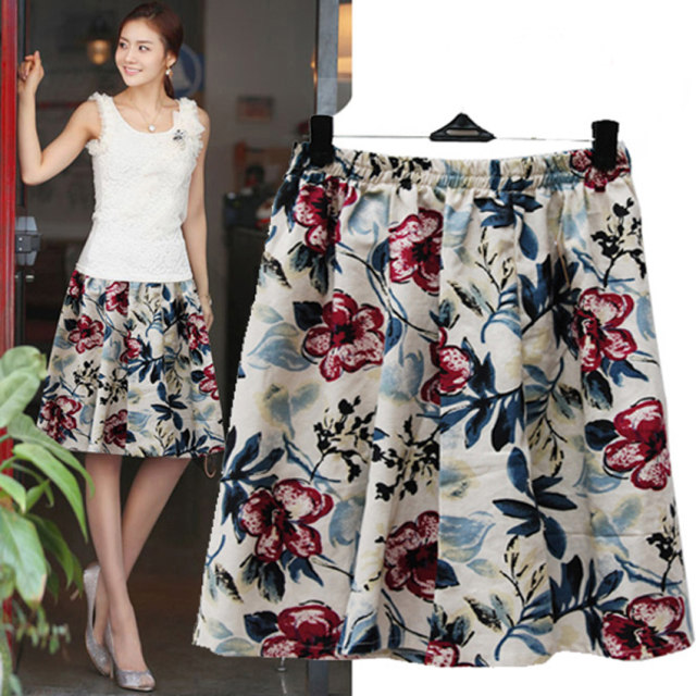 Preppy printed ladylike linen knee-length skirt