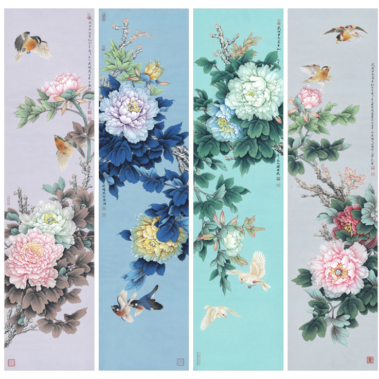 Gongbi Chinese painting white sketch background physical print draft Peony four screens 33*132 A total of 4 pieces with color pattern p16T