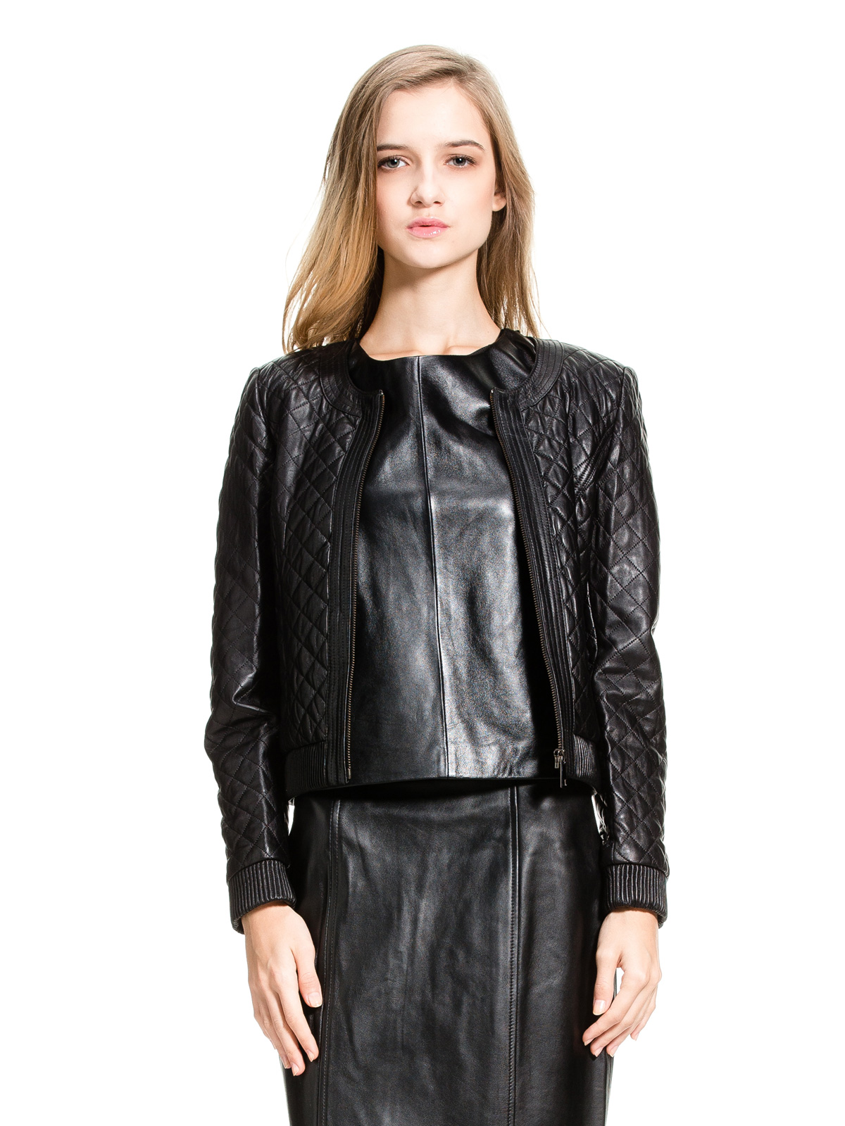 Nine West/玖熙 帅气黑色衍缝格纹皮衣