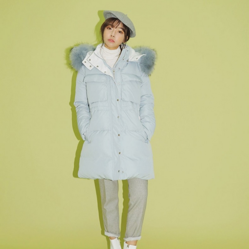 韩国stylenanda官方正品 时尚口袋装饰可拆卸帽配色羽绒服-天蓝色