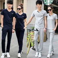 Bộ đồ thể thao mùa hè cho nam quần ngắn tay nam cổ chữ V giản dị cỡ lớn chạy bộ đồ thể thao phù hợp với nữ mùa hè - Thể thao sau áo thể thao nữ adidas