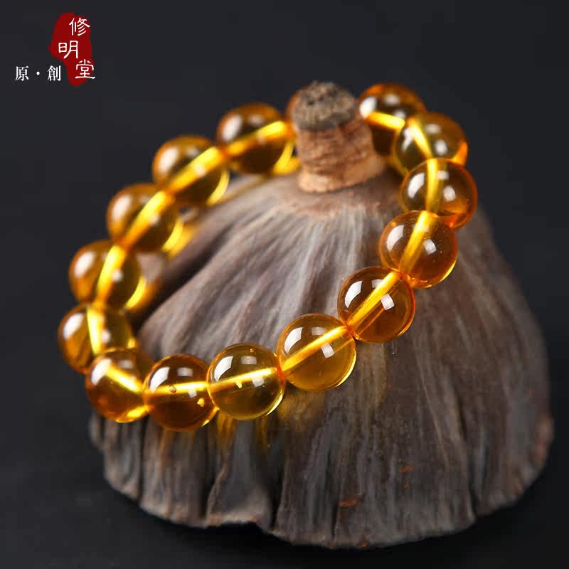 修明堂 开光招偏财运黄水晶14mm男女手串手链 旺财运水晶佛珠念珠