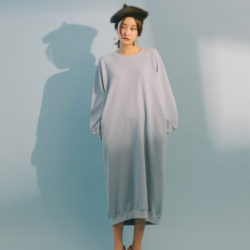 韩国stylenanda官方正品 休闲款连肩袖长版连衣裙-天蓝色