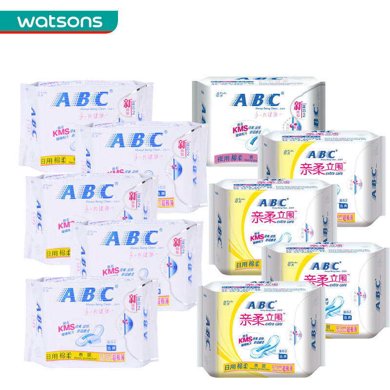 【屈臣氏】ABC超极薄棉柔日用8片*5+夜用8片+亲柔日用8片*4