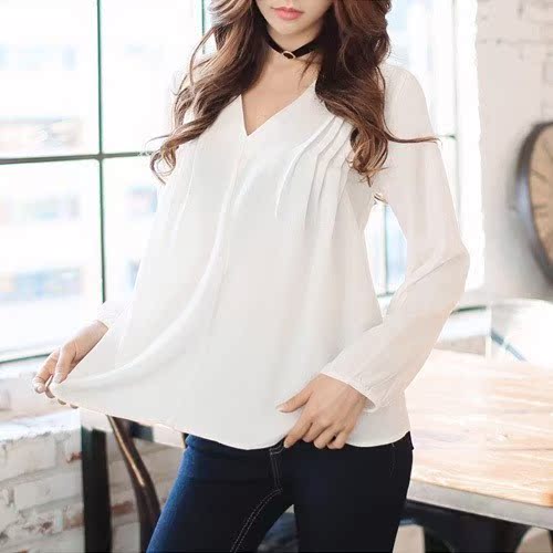 乐天网购女士长袖衬衫V领简约宽松休闲时尚修身百搭个性气质韩版