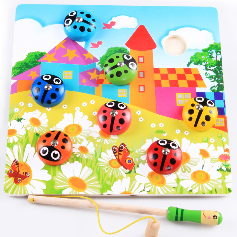 1-3-4-5 years old teaching aids wooden children's educational color toys magnetic fishing three-dimensional fishing chafer