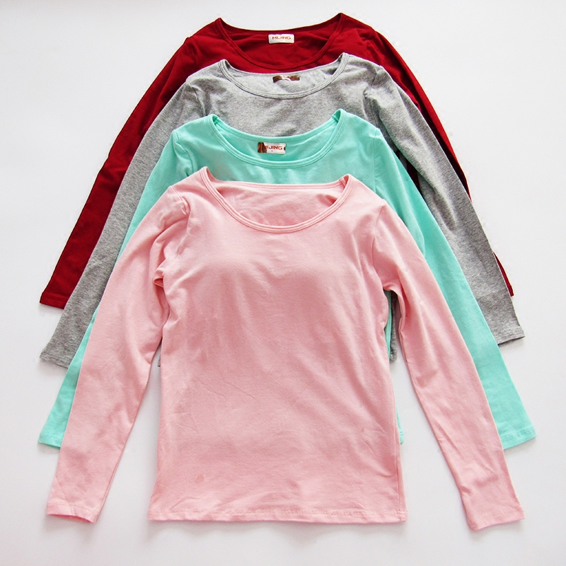 Pure Cotton Long-Sleeved T-Shirt with Breast Pads for Women, Loose-Fitting, No Need to Wear a Bra, Integrated Bra Cup, Sleepwear, No Underwire Base Layer Underwear