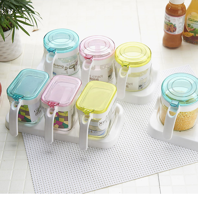 Kitchen glass sealing box set flavor box salt cans 3 pieces with spoon
