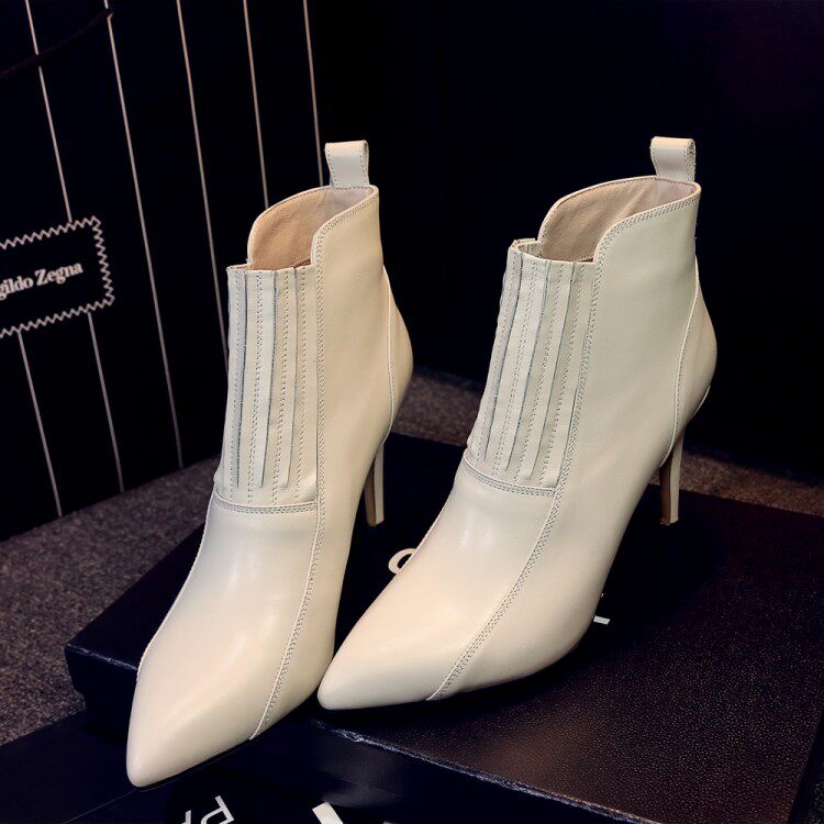 South Korea New Products 2021 Autumn Winter New Genuine Leather Women Shoes Martin Short Boots Thin Heel High Heel Ankle Boots Pointed Female Boots Wave Shoes