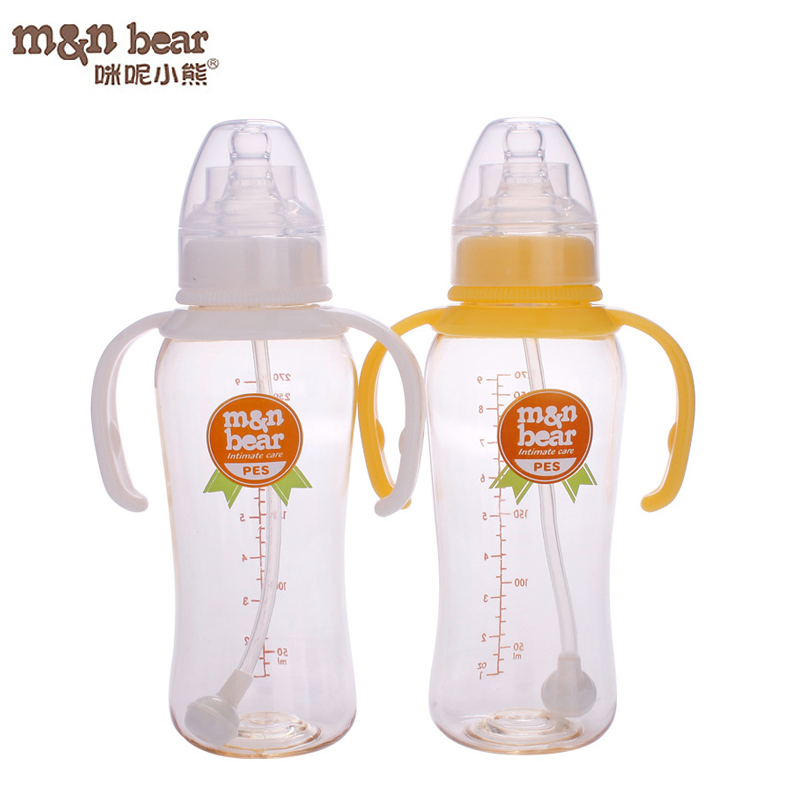 咪呢小熊标准口径PES宝宝奶瓶带手柄吸管270ML M6804颜色随机发货