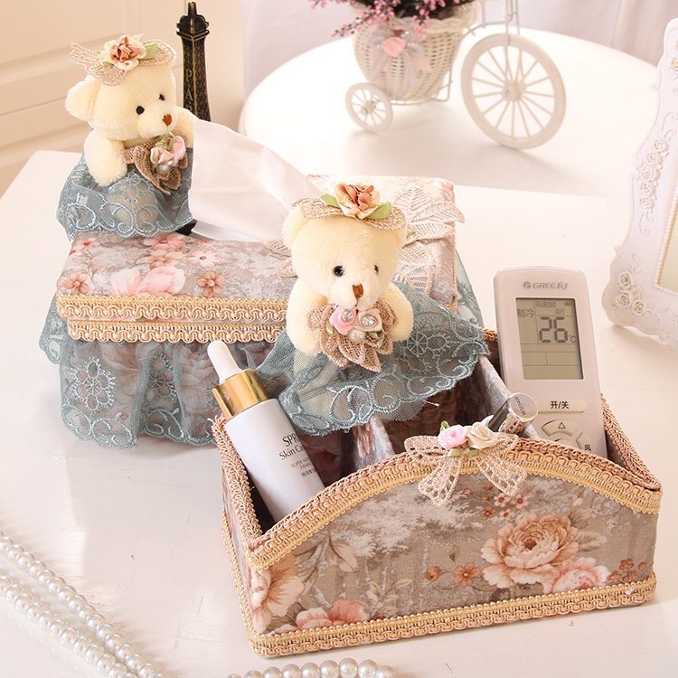 Lace Cloth Art Little Bear Tissue Box Toilet Paper Box Tabletop Containing Basket Remote Control Basket Cute Plush Toilet Paper Box