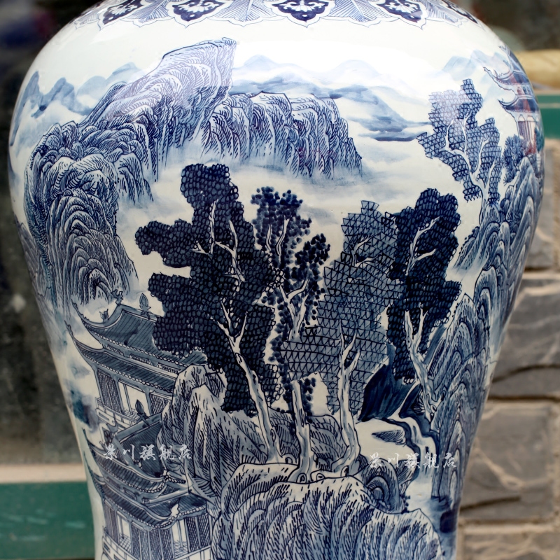 Jingdezhen blue and white landscape general tank hand - made ceramics vase sitting room ground adornment furnishing articles opening gifts