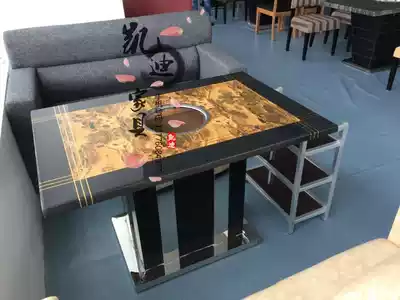 Marble induction cooker four-person hot pot restaurant table buffet barbecue square table gas stove pattern small hot pot table and chair combination