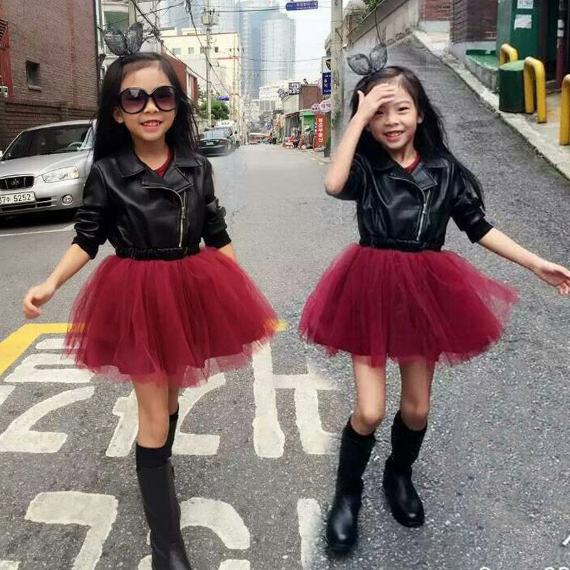 Korean version of children's leather dress for 2021 autumn and winter new cool girls princess nepotism pompous pompous mesh yarn dresses